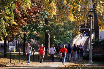 Students walk up Bascom Hill toward the Law School