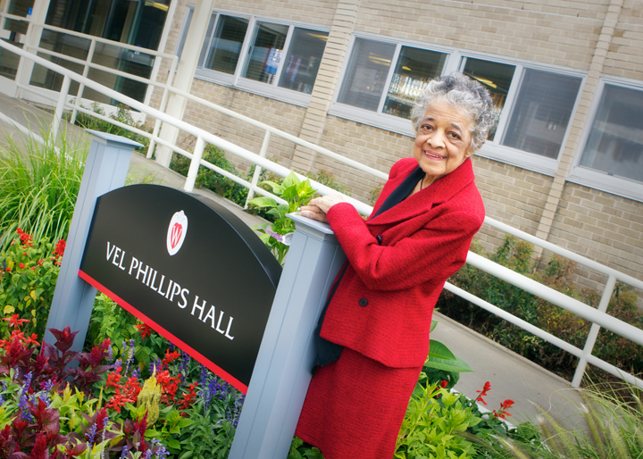 Vel Phillips in front of Phillips Hall