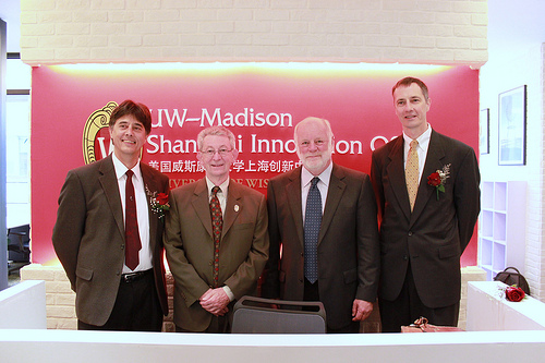 UW Law Professors Heinz Klug, Charles Irish, and John Ohnesorge with
Chancellor David Ward at the launch of the UW-Madison Shanghai 
Innovation Office in Shanghai, China.
            