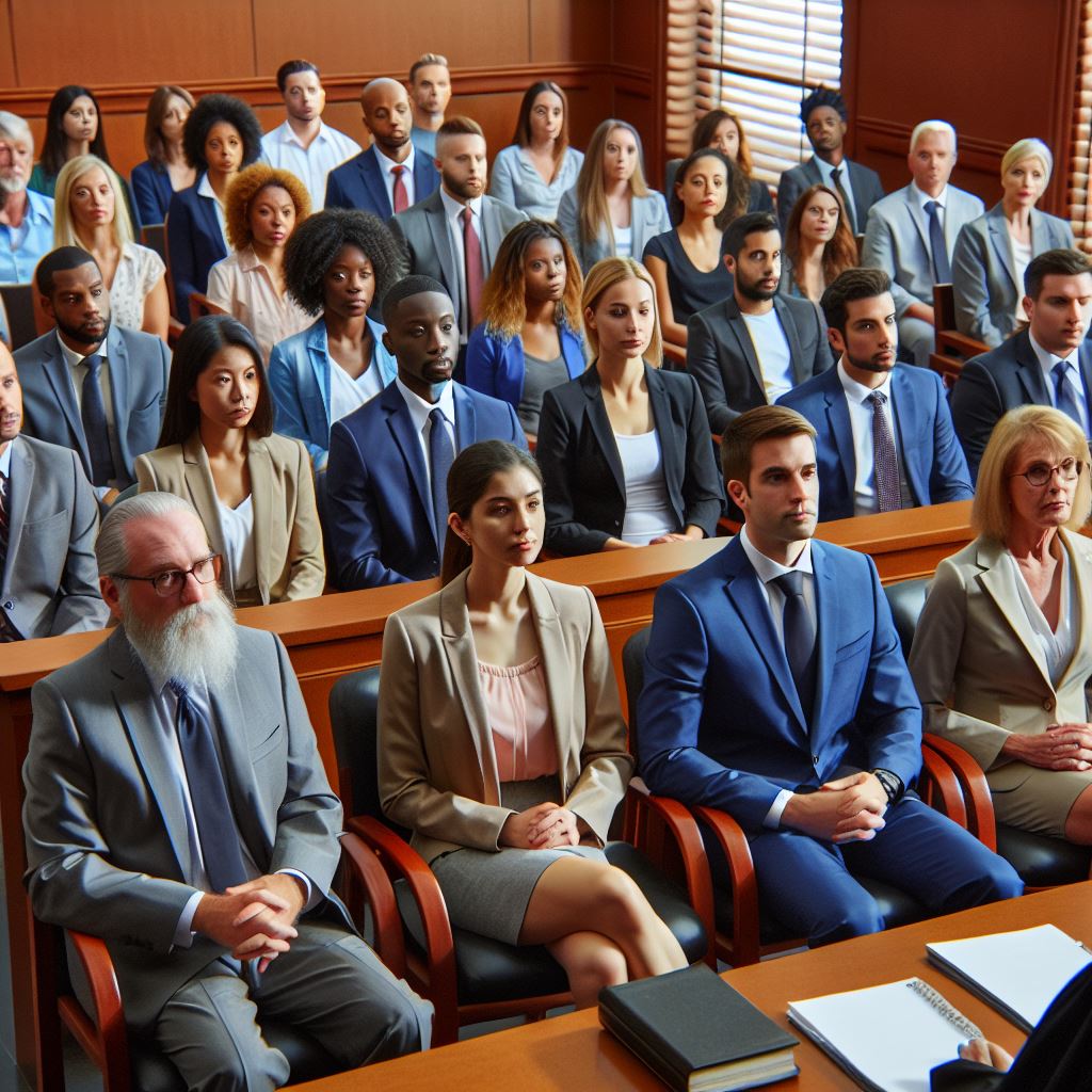 Image of a number of people of varyious ages sitting on rows of courtroom benches.