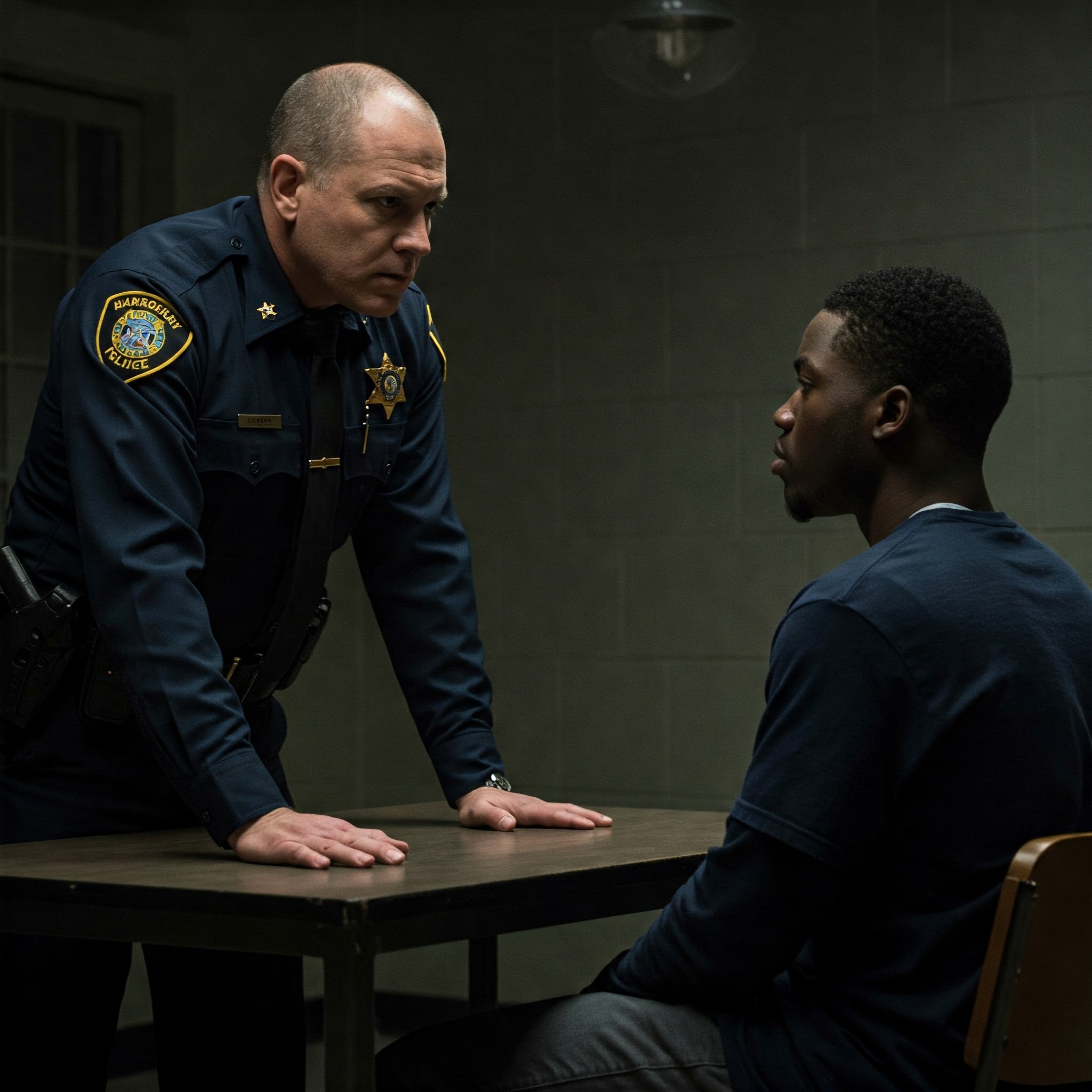 A police officer stands with hands on a desk facing a black man in a chair.