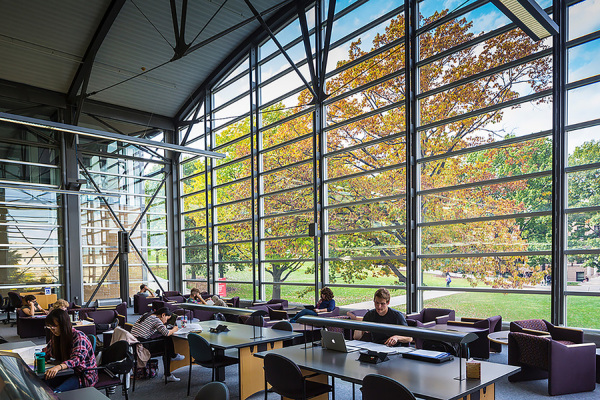 UW Law Library Law Library interior, windows overlooking fall view